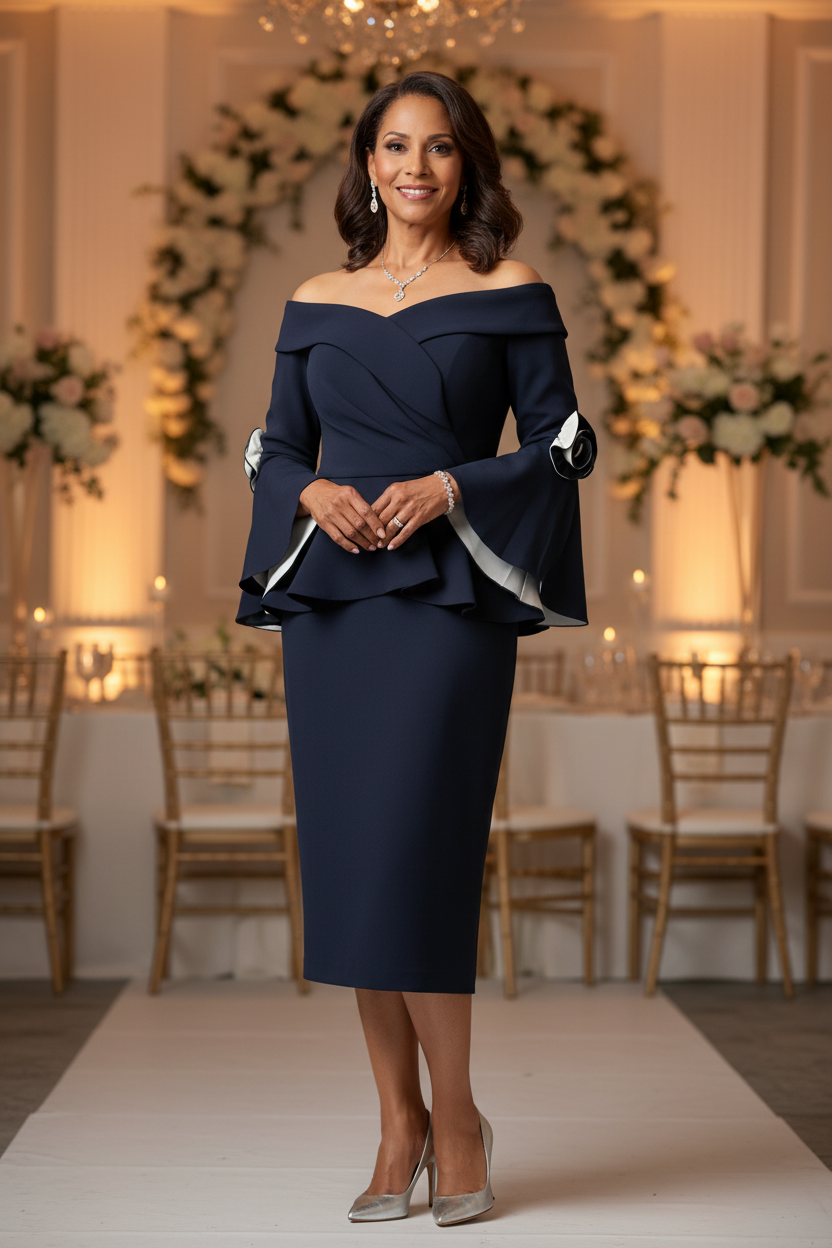 Navy blue contrast trumpet sleeves off-shoulder dress