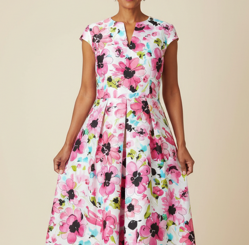 Floral Pink Cape Sleeve A-Line Dress-1