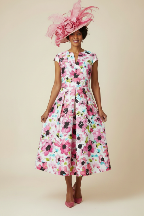 Floral Pink Cape Sleeve A-Line Dress-0
