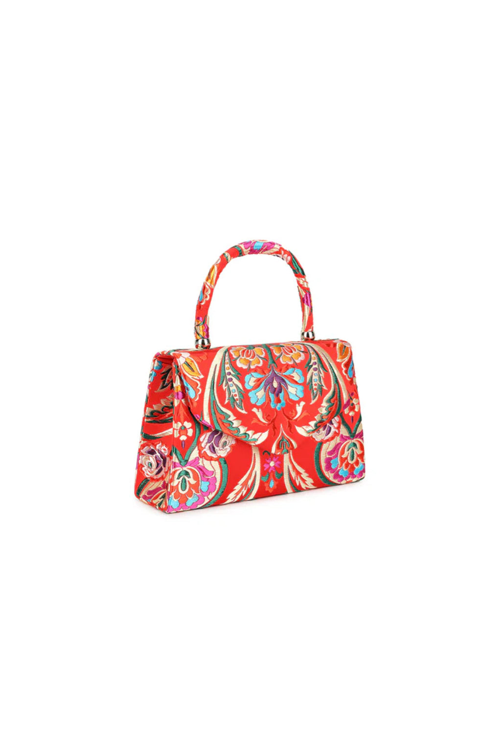 Red Floral Satin Small Top Handle Bag-1