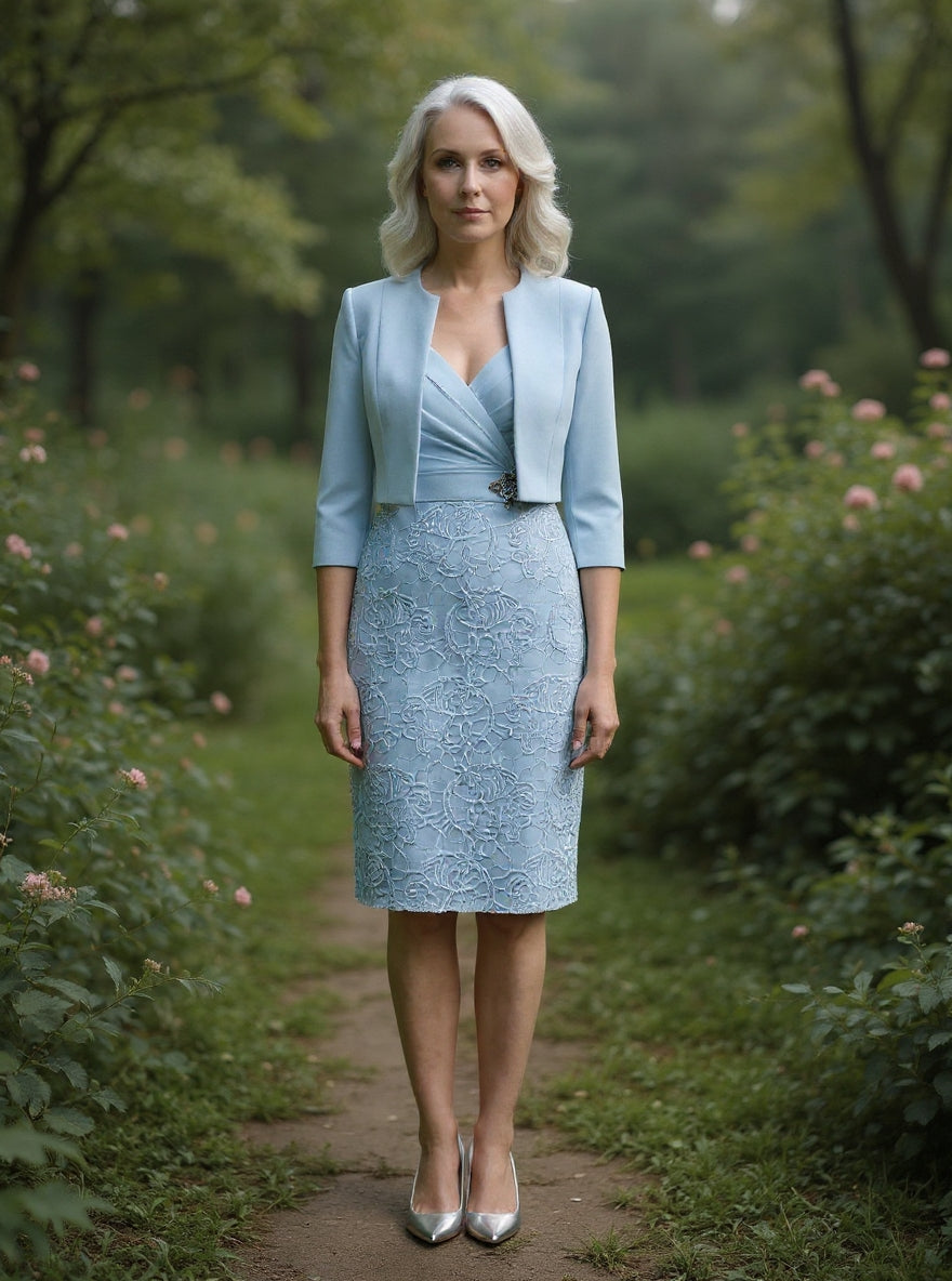 Sky blue 2-piece lace appliqued mom bridal dress suit