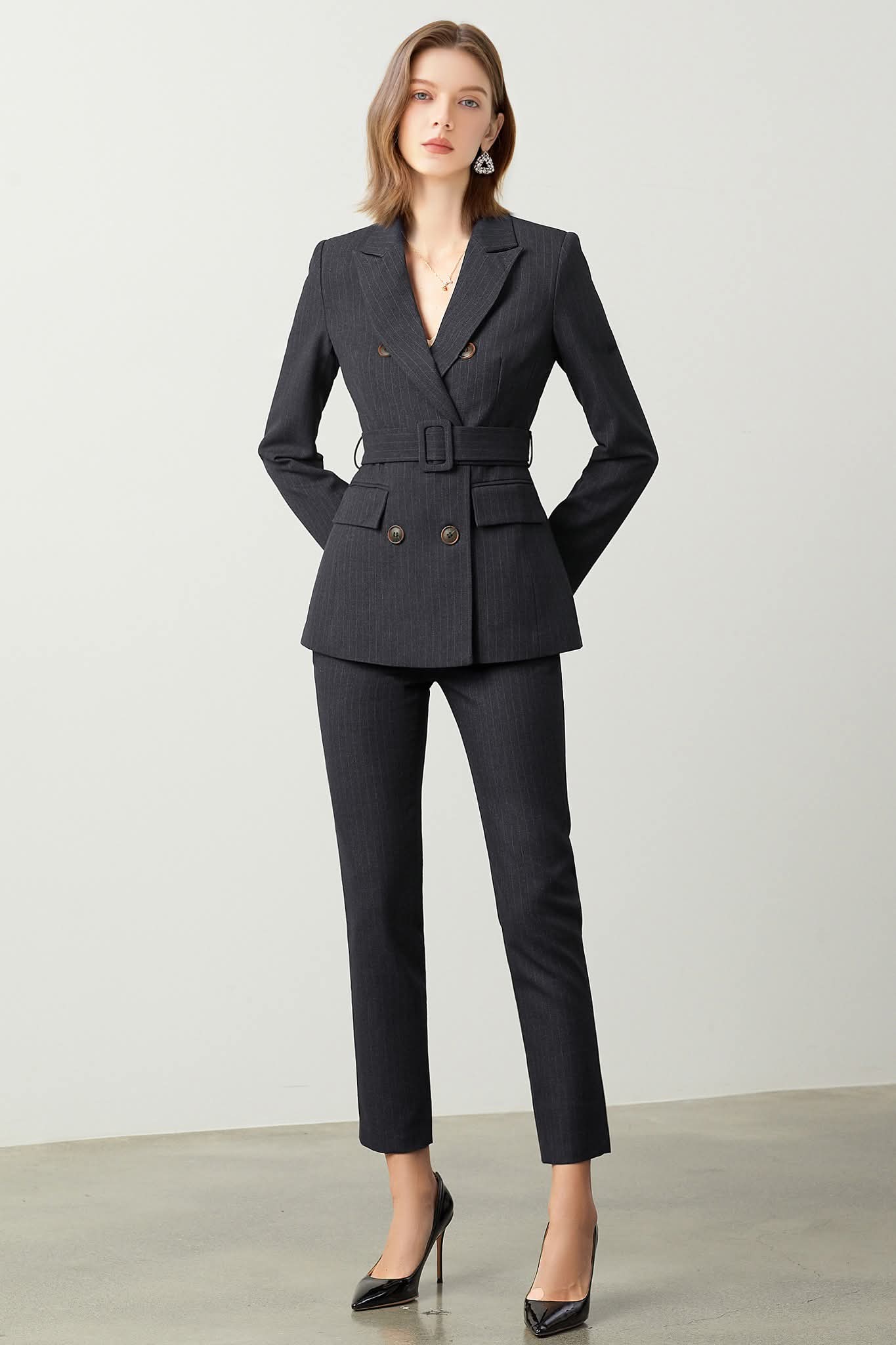 Black belted striped double breasted pantsuit-1