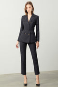 Black belted striped double breasted pantsuit-0