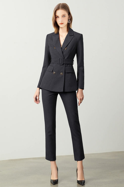 Black belted striped double breasted pantsuit-0