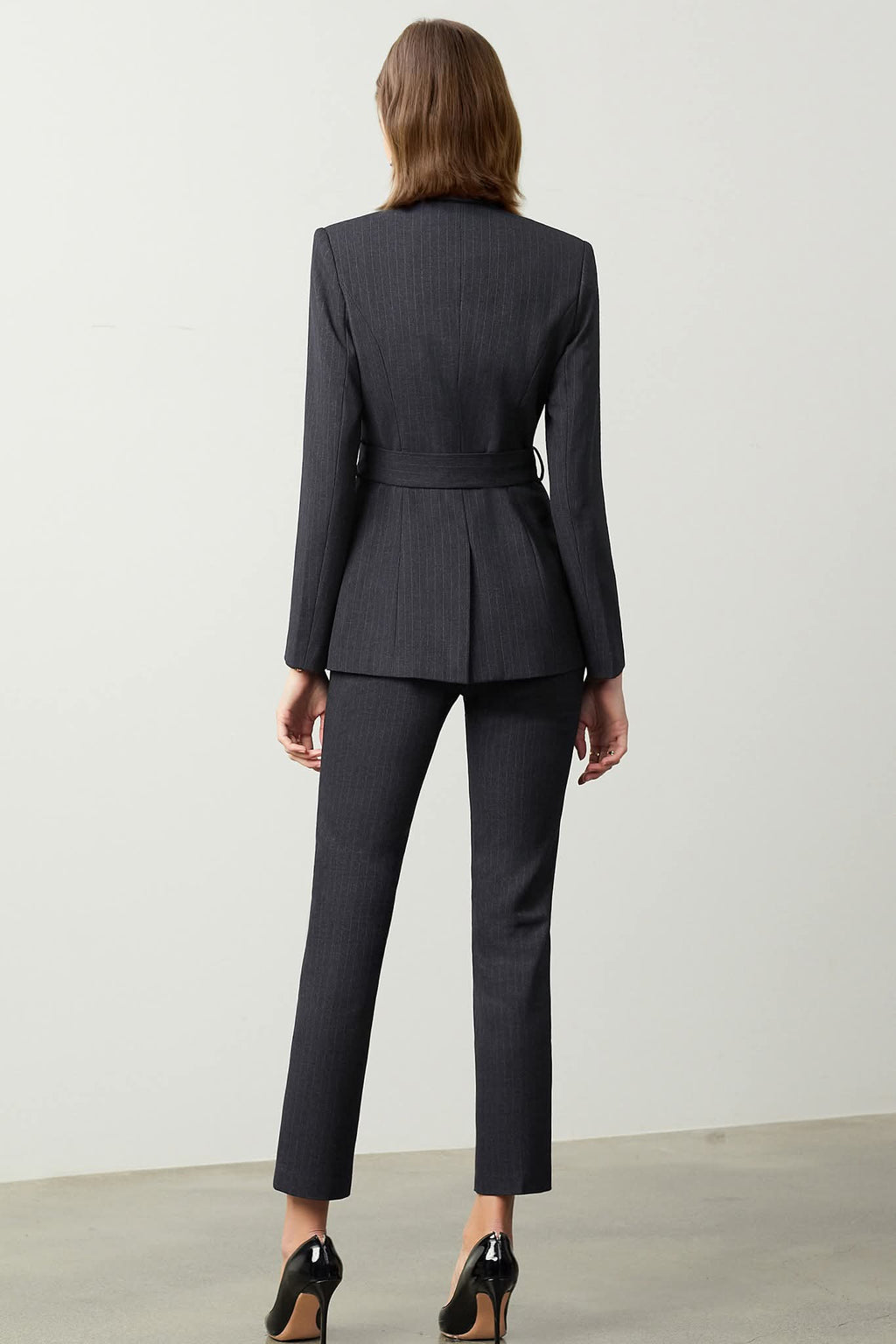 Black belted striped double breasted pantsuit-3