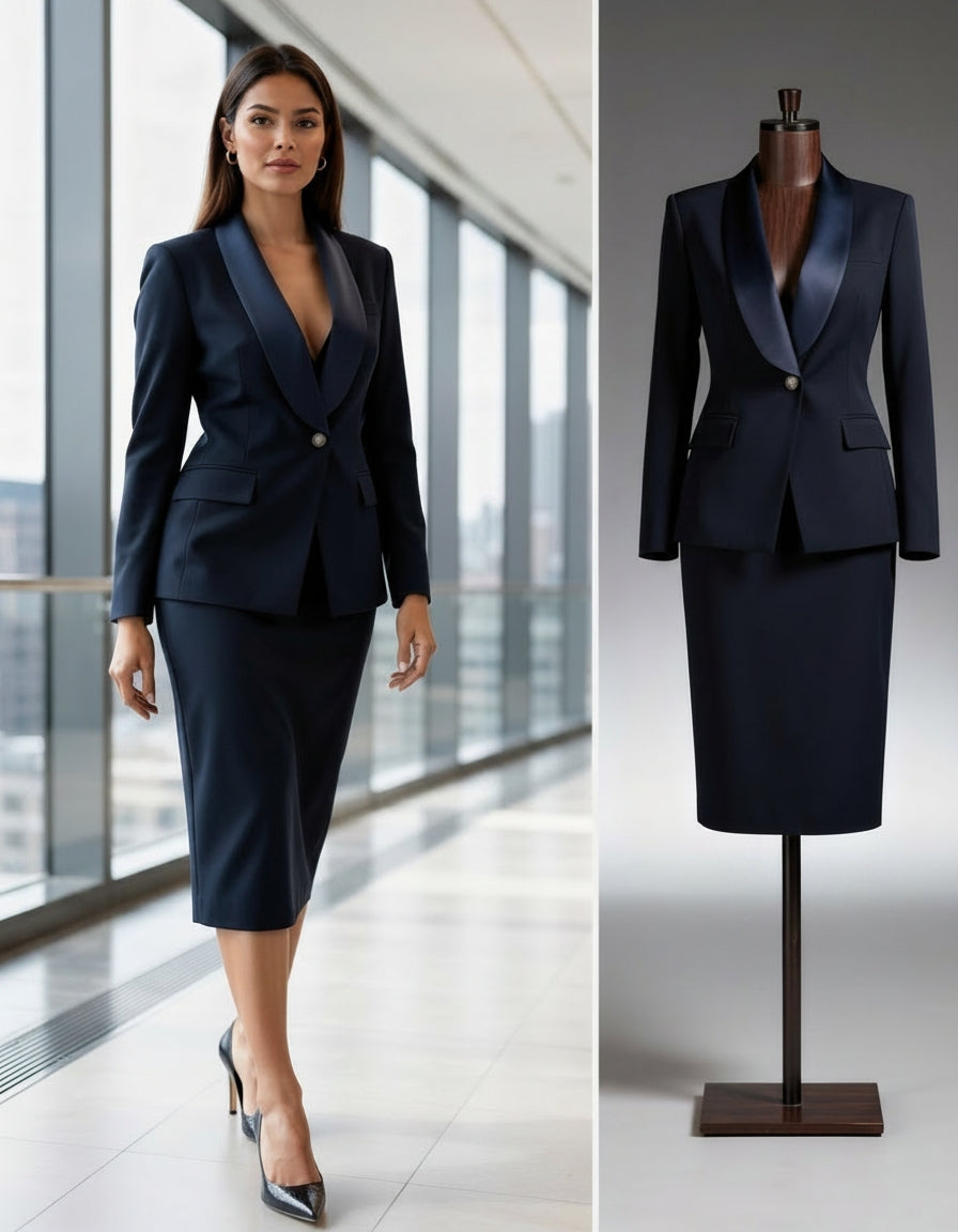 The navy satin lapel skirt suit