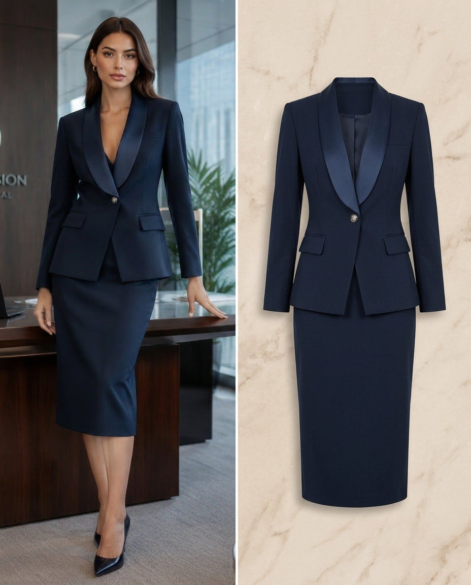 The navy satin lapel skirt suit