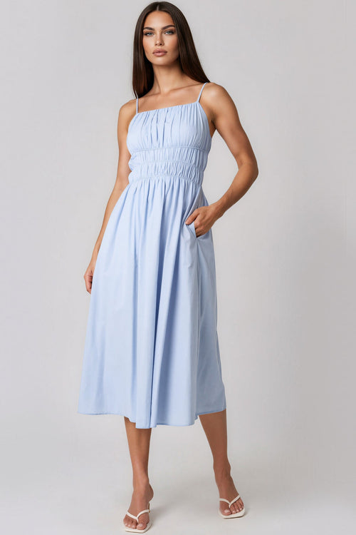 Blue Ruched Strappy Cotton Midi Dress-0