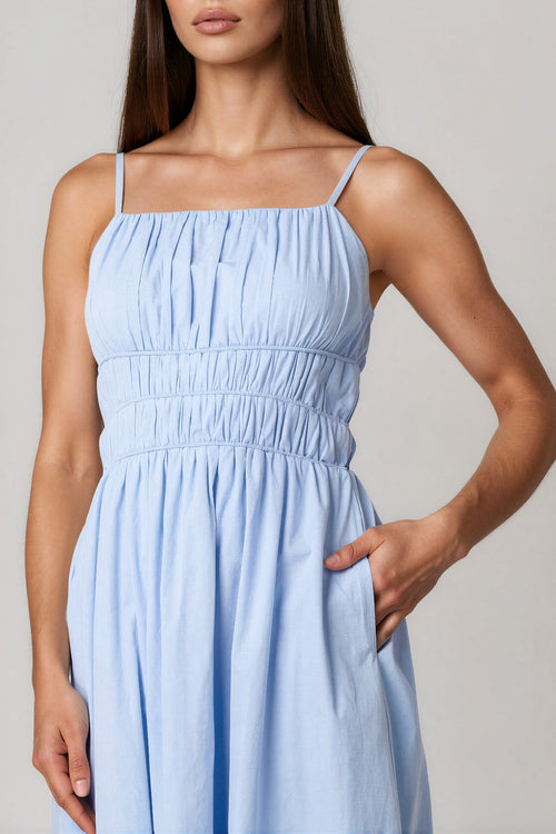 Blue Ruched Strappy Cotton Midi Dress-1