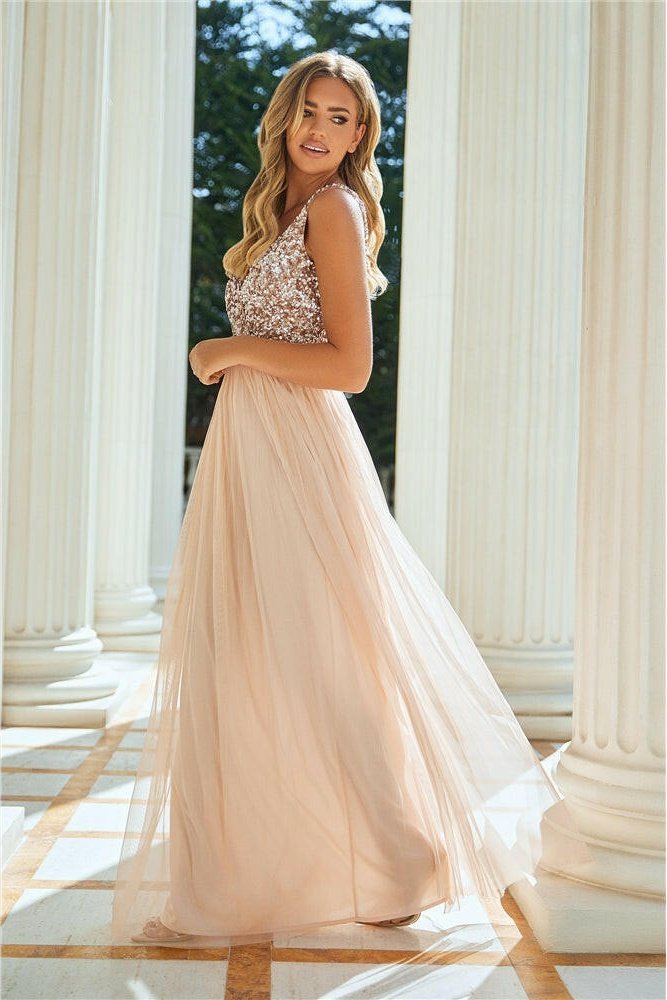Valeria Blush Sequin V Neck Maxi Dress-2