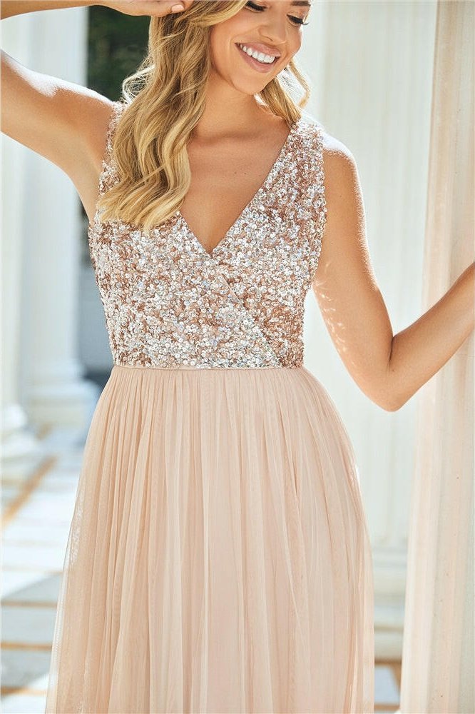 Valeria Blush Sequin V Neck Maxi Dress