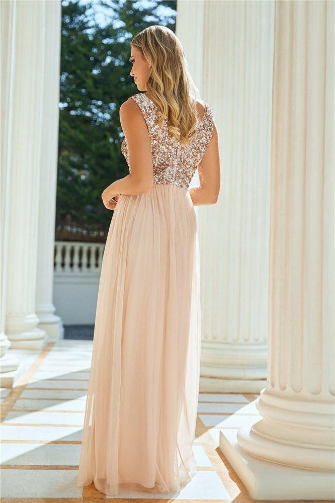 Valeria Blush Sequin V Neck Maxi Dress