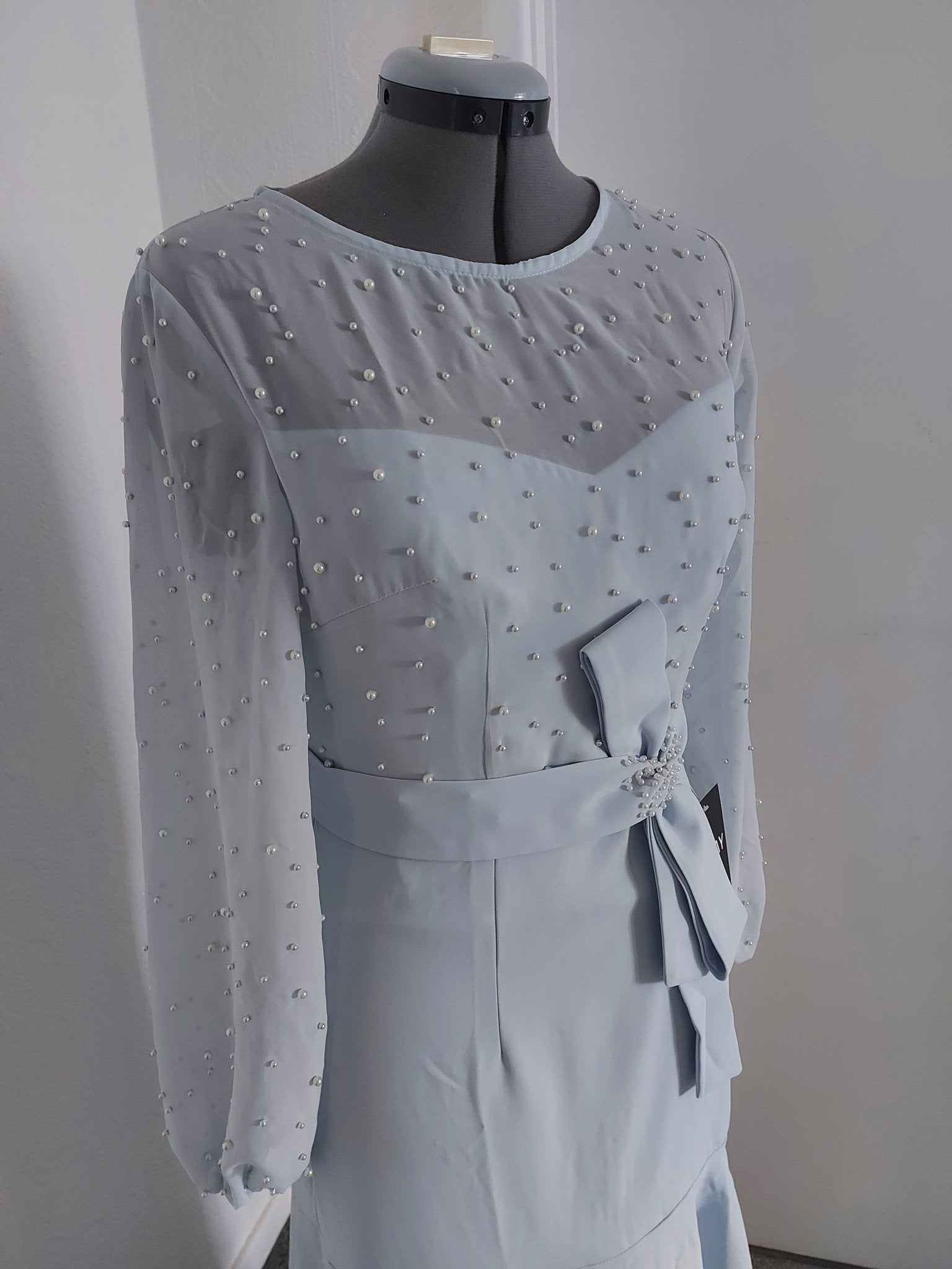 The mermaid ball sleeves pearls embellished mother of the bride dress - light grey-5
