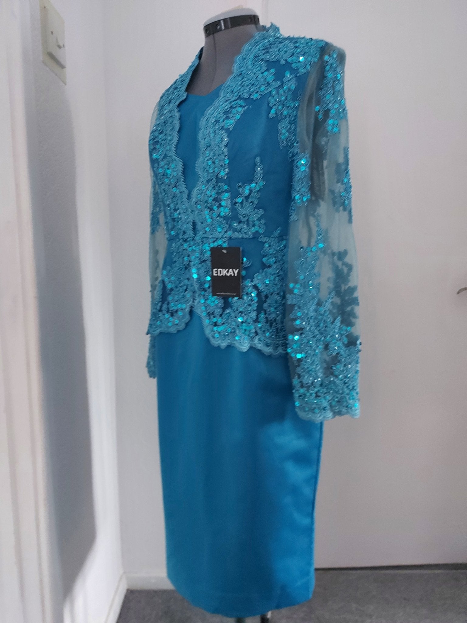 Blue Long Sleeve V-Neck Peplum Pencil Bride Dress-3