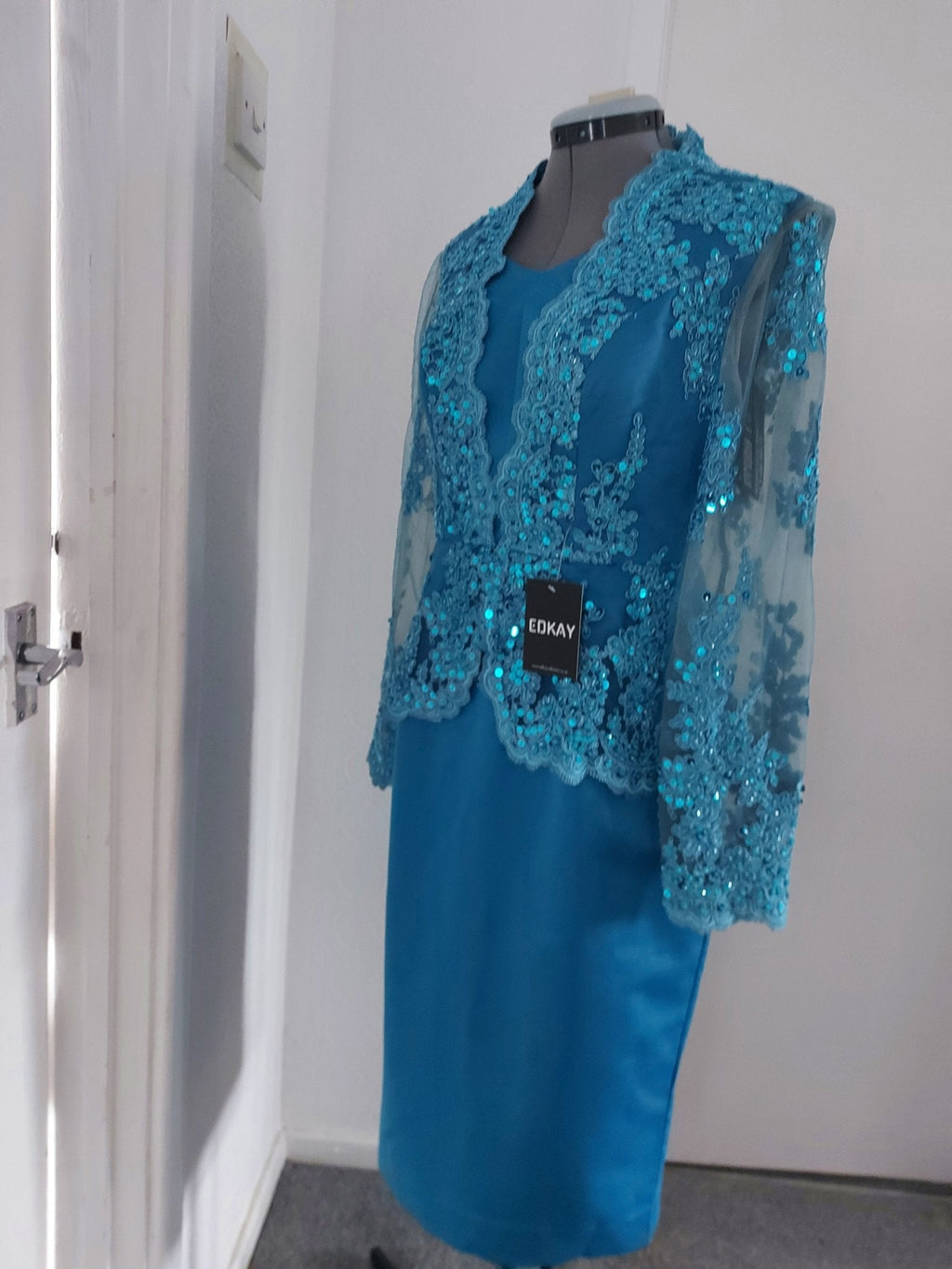 Blue Long Sleeve V-Neck Peplum Pencil Bride Dress-4
