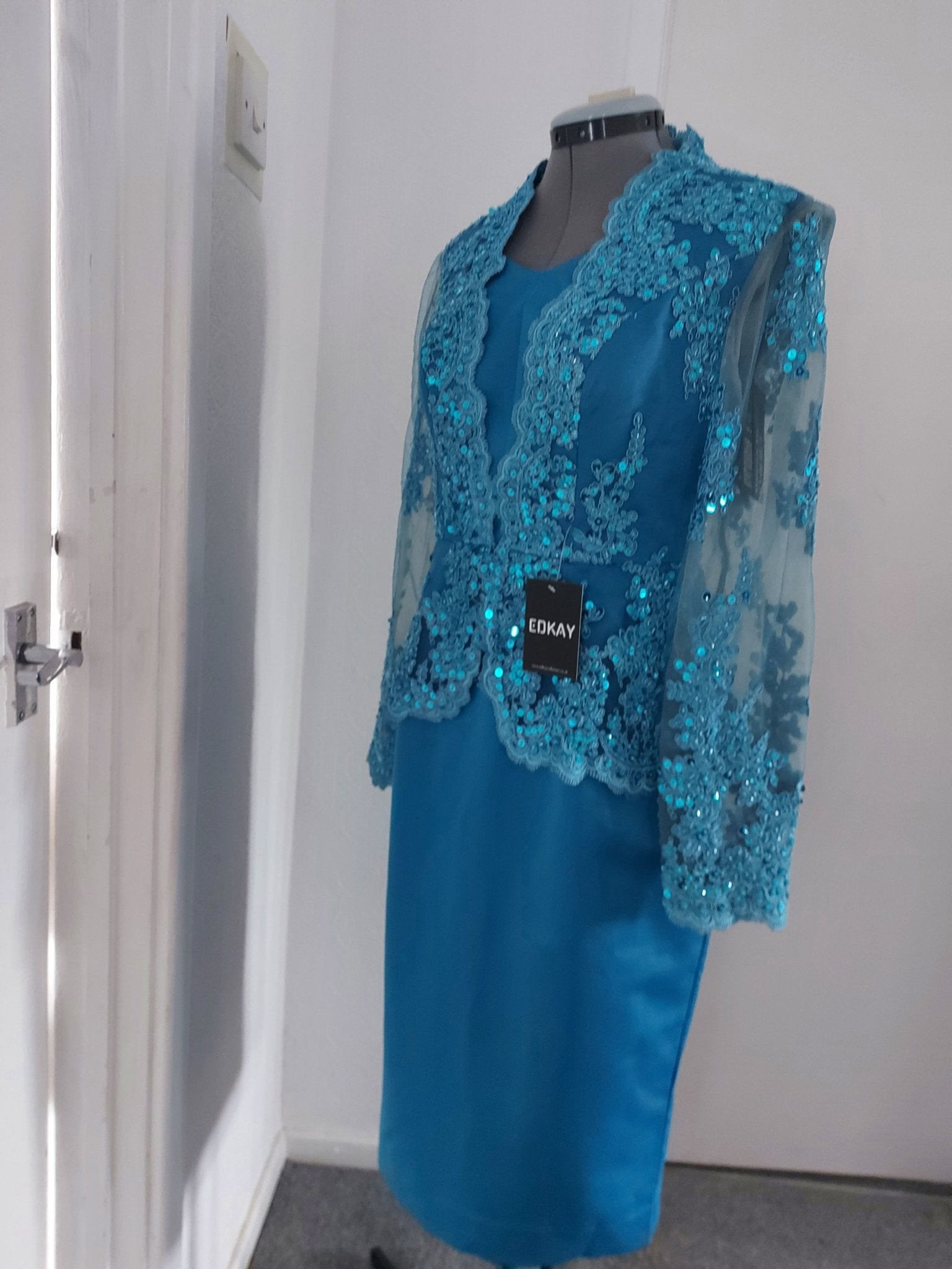 Blue Long Sleeve V-Neck Peplum Pencil Bride Dress-4