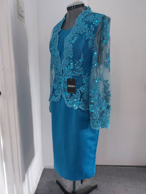 Blue Long Sleeve V-Neck Peplum Pencil Bride Dress-0
