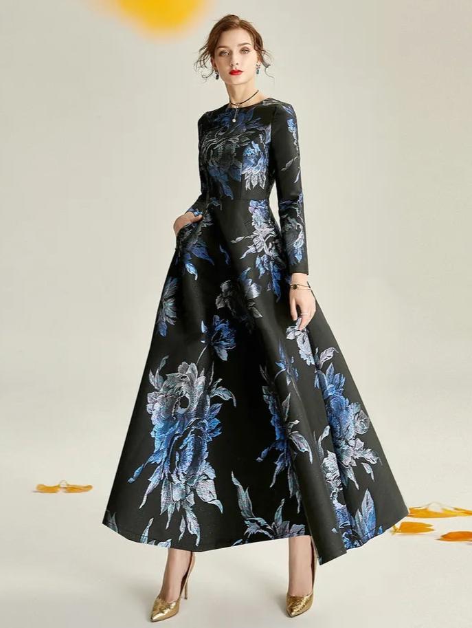 The dark blue jacquard formal mum dress
