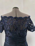 Navy blue lace appliqued knee length bridal dress