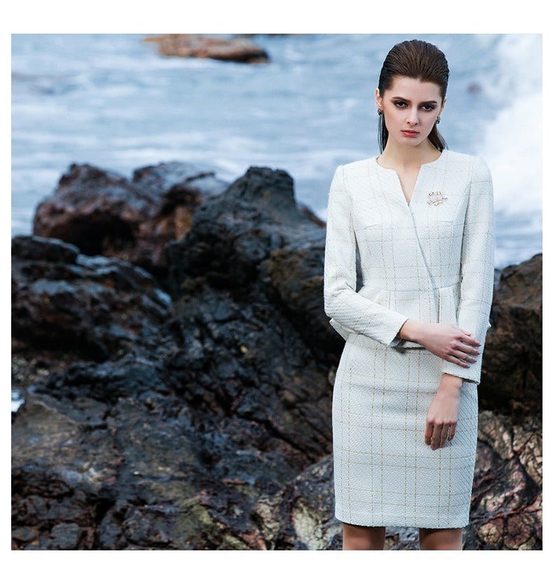 The pleated-peplum plaid tweed skirt suit (UK size 14)