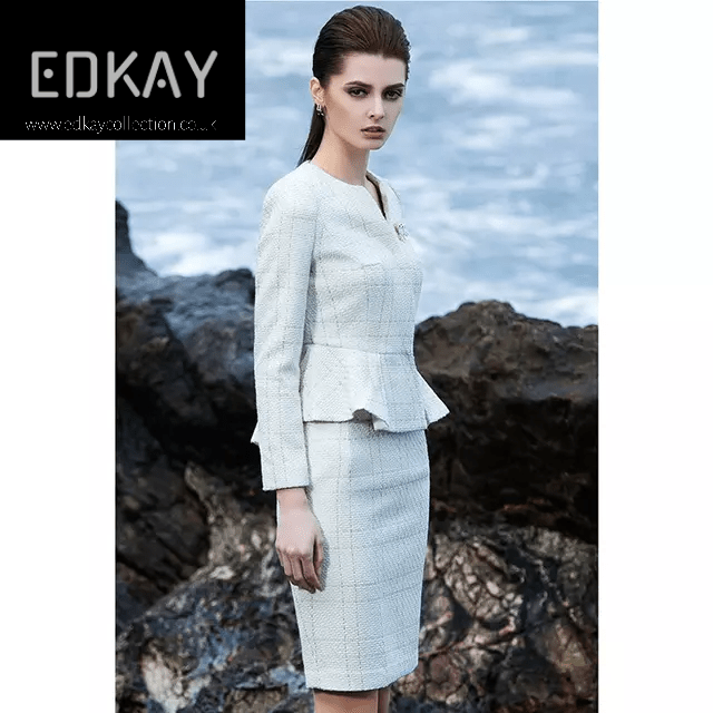 The pleated-peplum plaid tweed skirt suit (UK size 14)