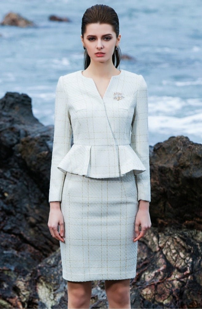 The pleated-peplum plaid tweed skirt suit (UK size 14)