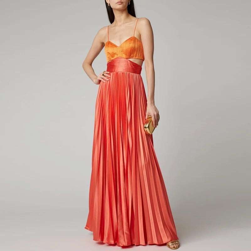 Orange Pleated Cut-Out Maxi Dress