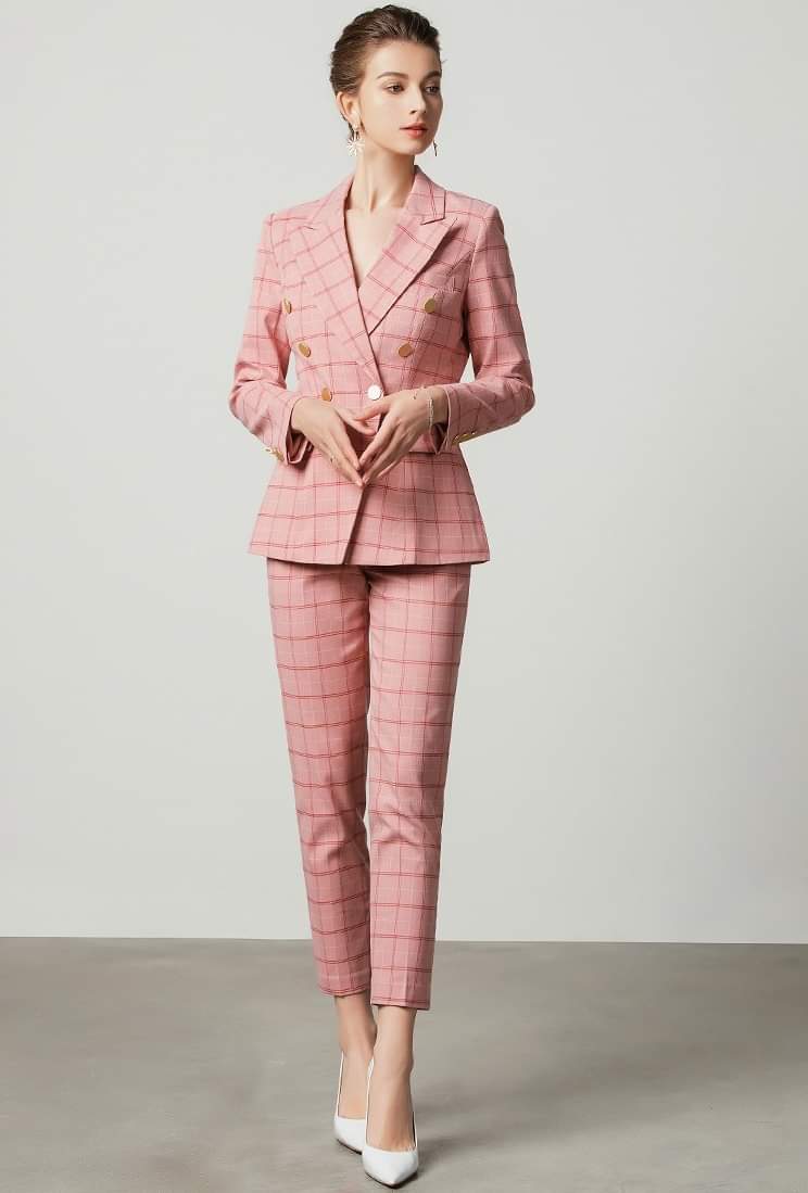 Pink plaid 2-piece double breasted pants suit (UK size 14)