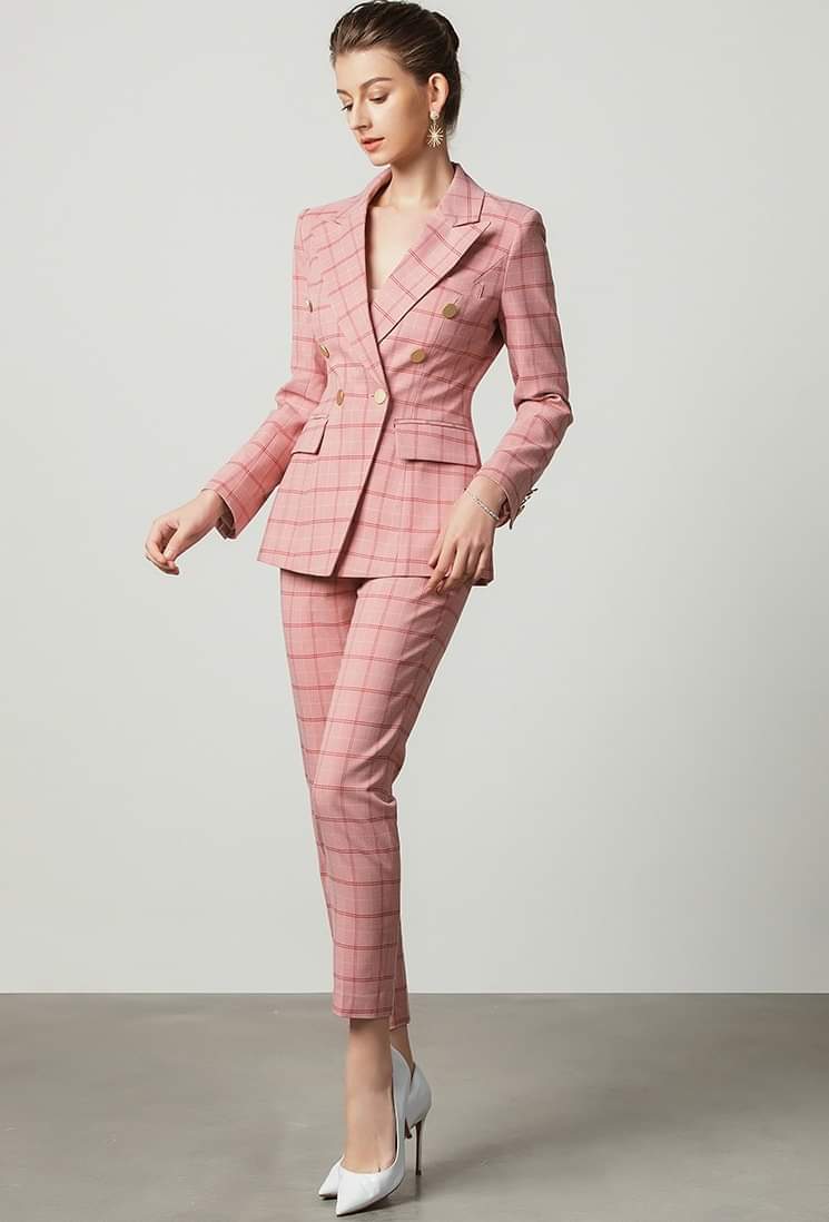 Pink plaid 2-piece double breasted pants suit (UK size 14)