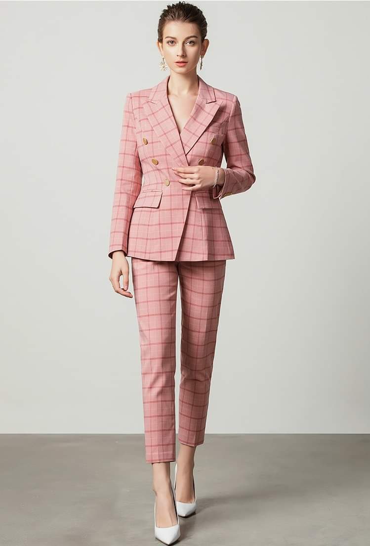 Pink plaid 2-piece double breasted pants suit (UK size 14)