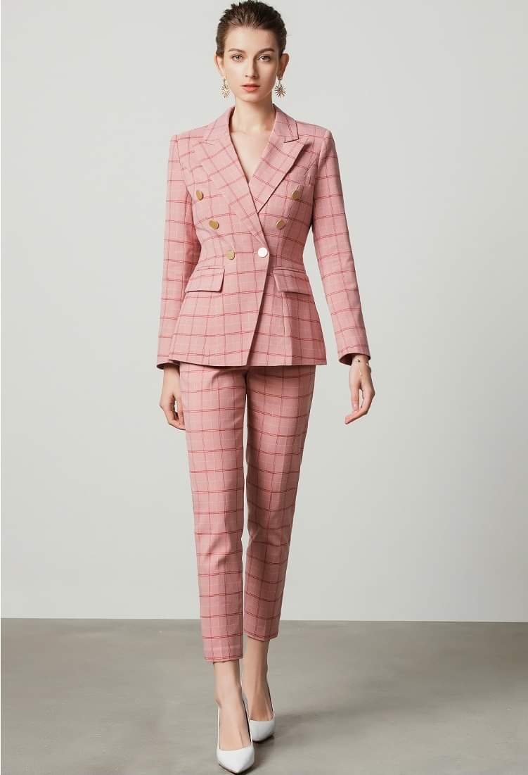 Pink plaid 2-piece double breasted pants suit (UK size 14)