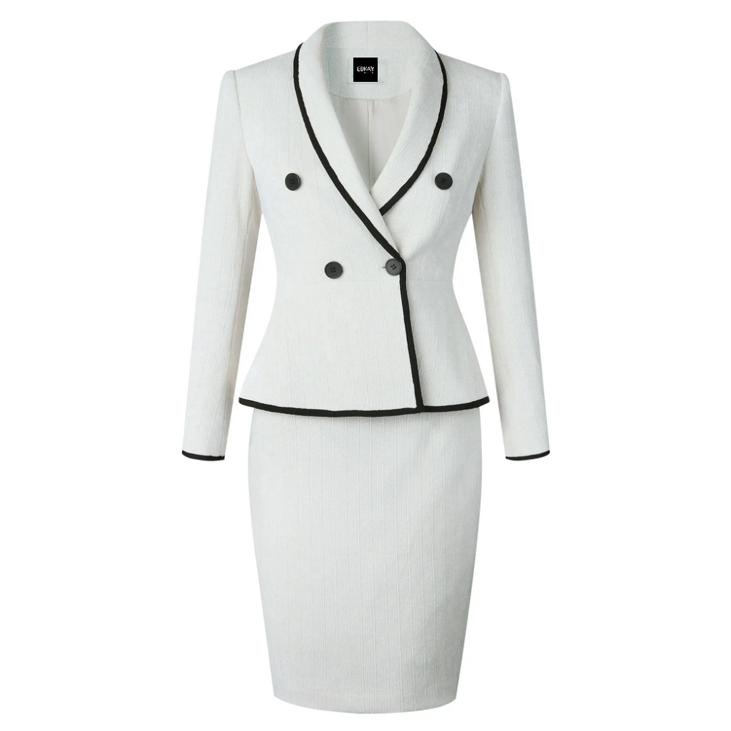 The beige piped peplum tweed skirt suit