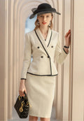 The beige piped peplum tweed skirt suit