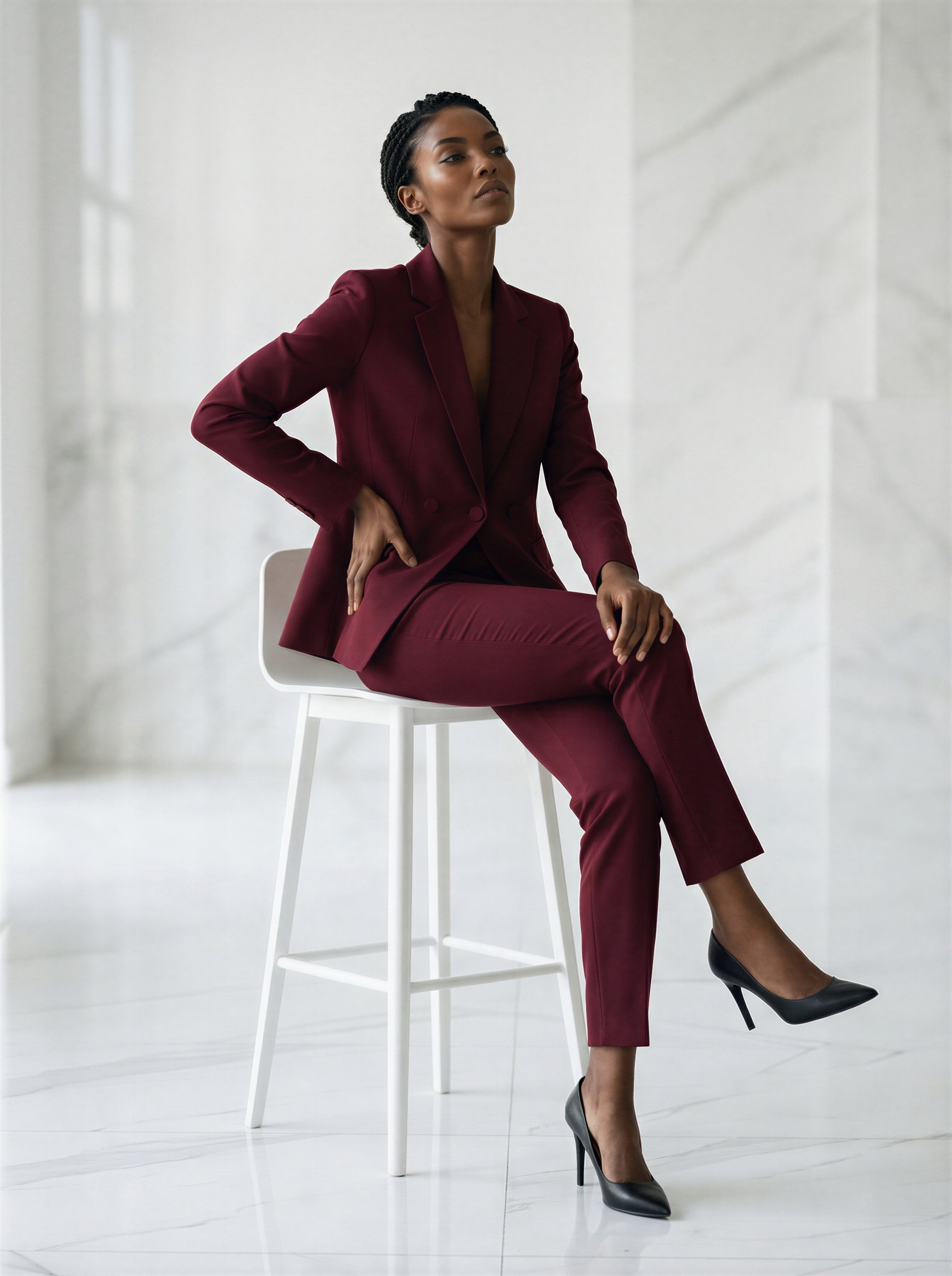 The burgundy 2-piece asymmetrical pantsuit (UK size 12)
