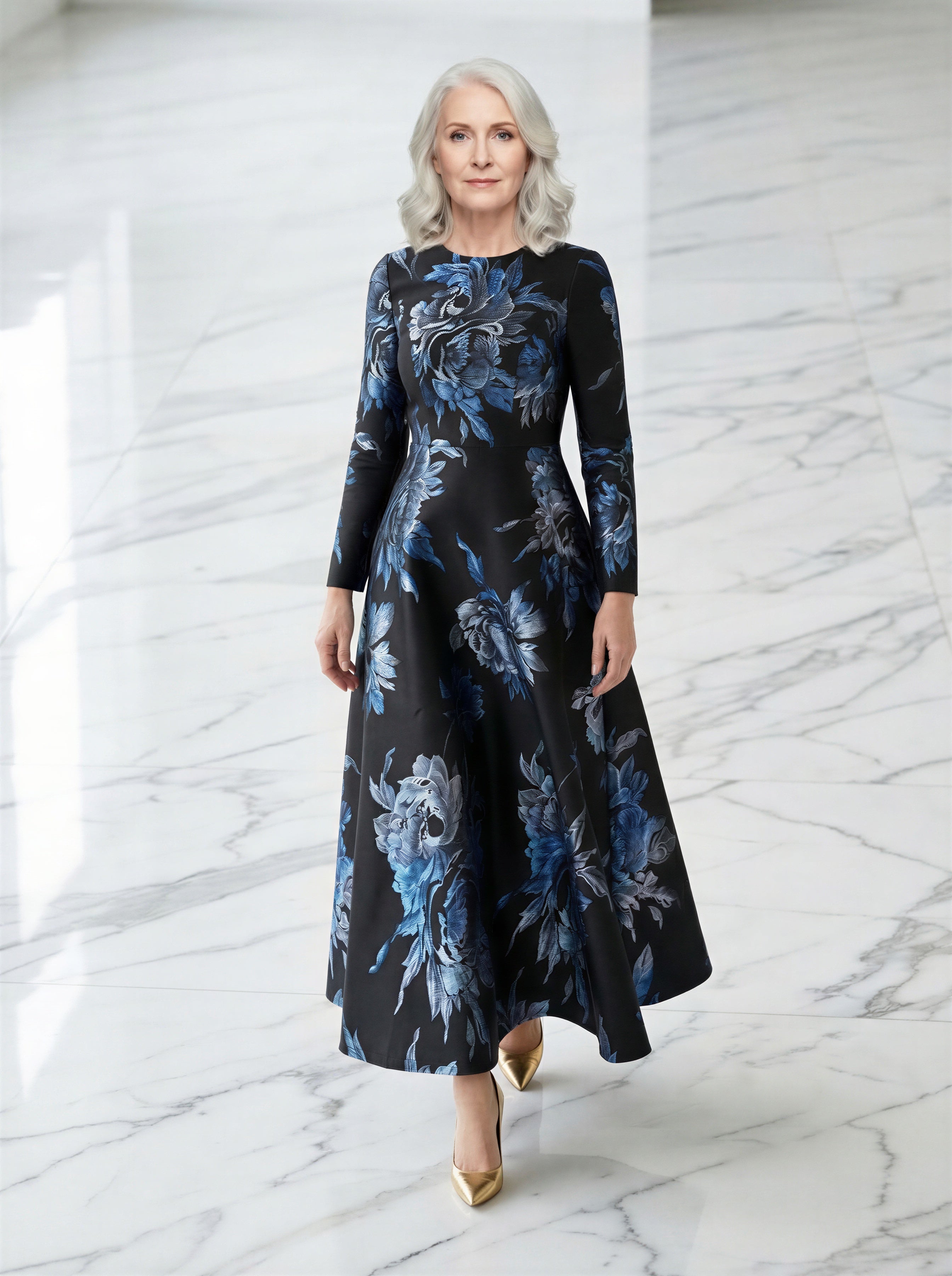 The dark blue jacquard formal mum dress