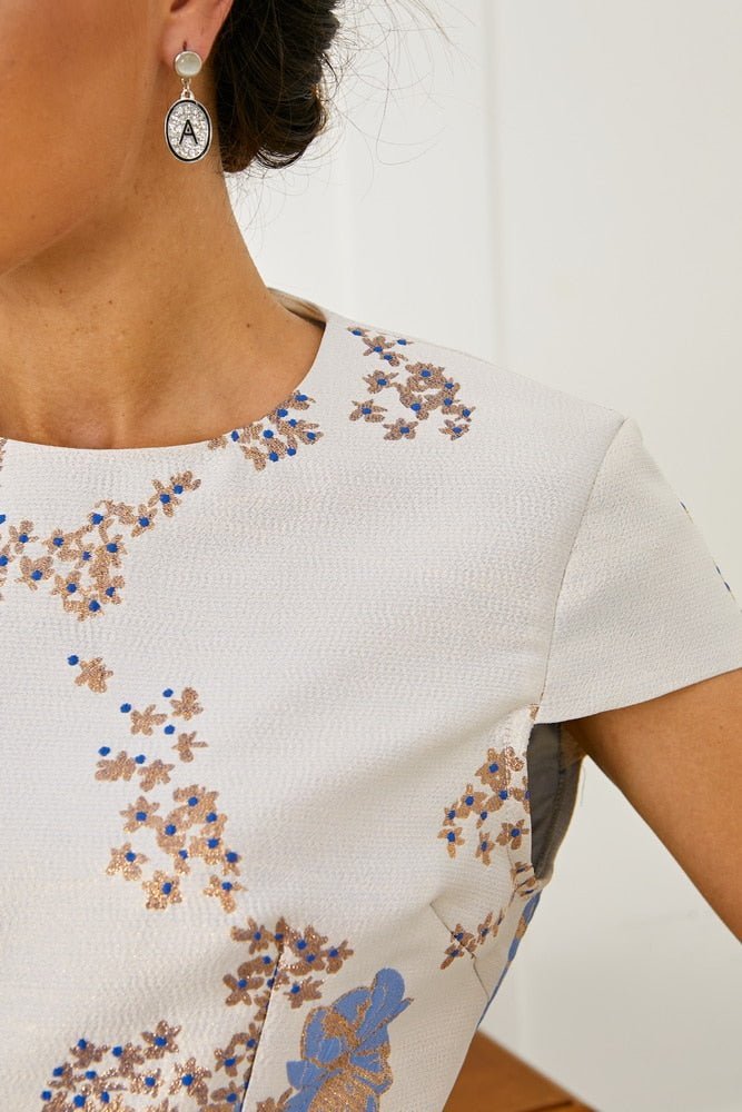 Silver floral jacquard short cape sleeves mother of the bride dress